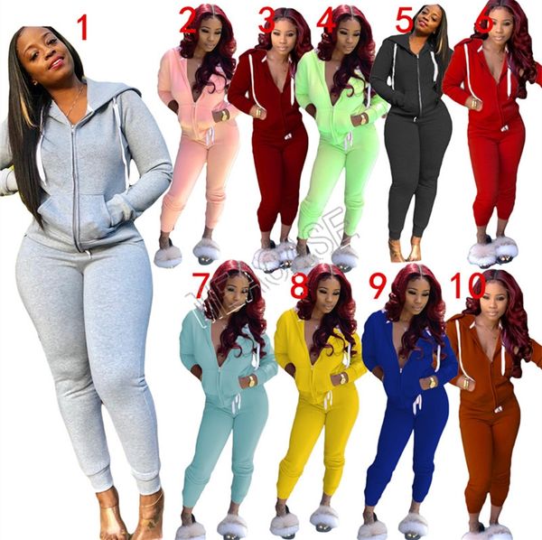 

women autumn winter tracksuit solid color zipper jacket hoodies hooded coat legging pants outfit jogging two piece clothing sets d81306, White