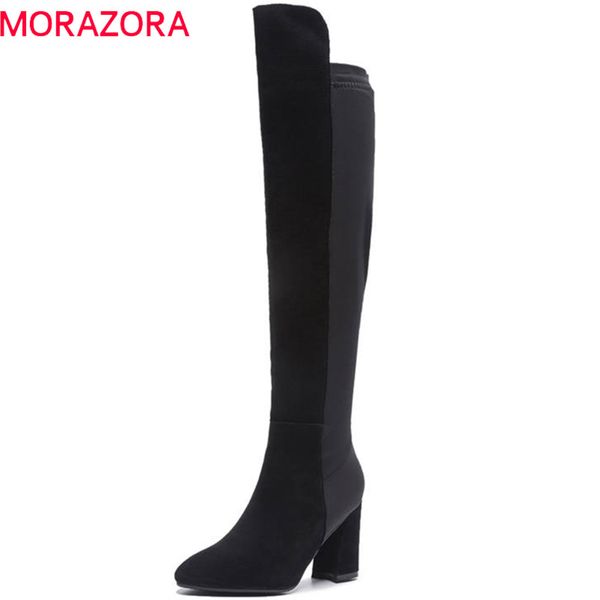 

morazora 2020 over the knee boots pointed toe autumn winter boots slip on stretch solid colors high heels shoes, Black
