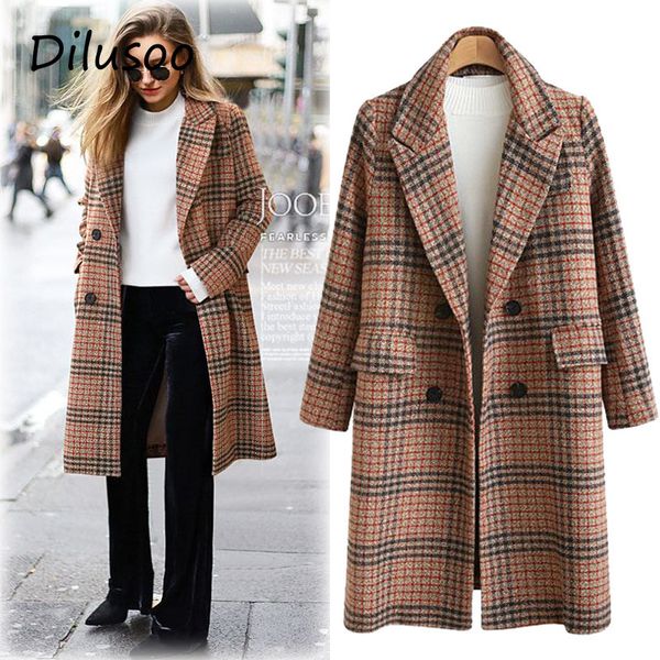 

dilusoo 2020 plaid women coat outerwear winter clothing woolen blends female elegant overcoat double breasted long woolen coat, Black
