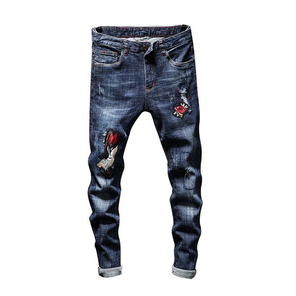

ripped jeans men slim fit light blue stretch fashion streetwear embroidery hip hop distressed casual jeans pants male trousers