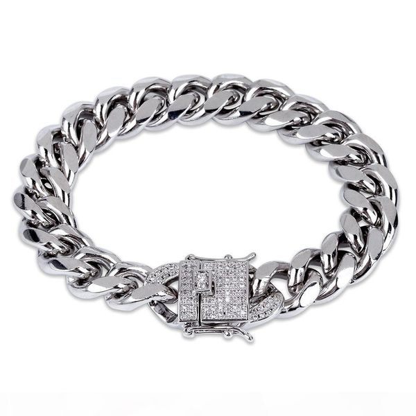 

hip hop 18k gold plated cuban chain bracelet with diamond clasp 12 mm wide for men women 8 inch, Black