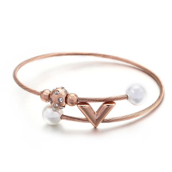 

Fashion Stainless Steel Tricolor Bracelet Women Accessories Charm Pearl Bracelet Letter V Jewerly