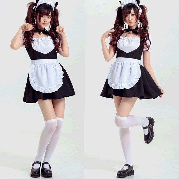 

cute anime cat bell maid dress claasic cosplay costume girls kawaii lolita dress coffee maidservant uniform, Black;red