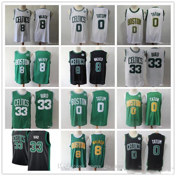 

mens boston nba celtics throwback 33 larry bird 8 kemba walker 0 jayson tatum grey white black green basketball jerseys, Black;red