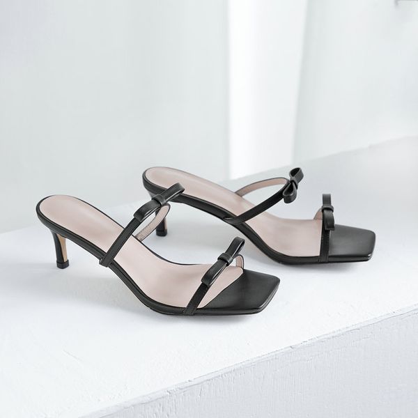 

new brand design women slipper party summer bowtie thin heels ladies shoes dress shoes slides, Black