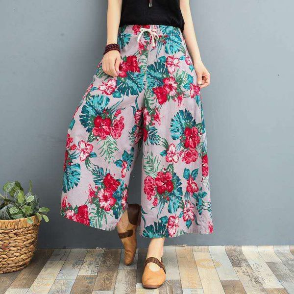 

summer new style women's wide-leg pants washed cotton and linen culottes thin print large size loose linen eight-point casual leggings, Black;white