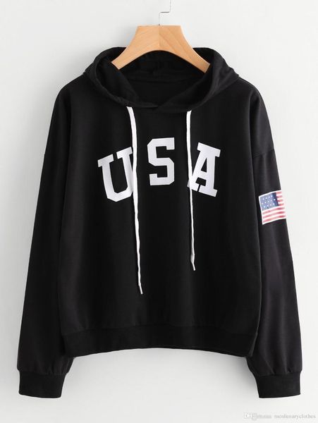 

usa letters hooded hoodies for women teenager casual sweatshirts wear american national flag, Black