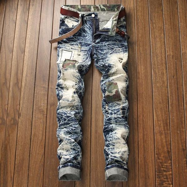 

european american style men slim jeans straight denim trousers stretch patchwork hole camouflage jeans pants for men, Blue