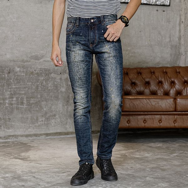 

fashion streetwear men jeans slim fit elastic destroyed ripped jeans painted designer hip hop long pants hombre, Blue