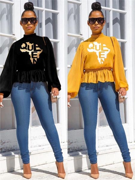 

lantern sleeve womens chiffon fashion solid letter printed tshirts casual stand collar ruffle tees, White