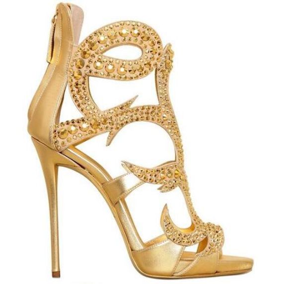 

luxury rhinestone cut-outs stiletto heels ankle-wrap sandals ladies thin heels back zipper casual party shoes women cover, Black