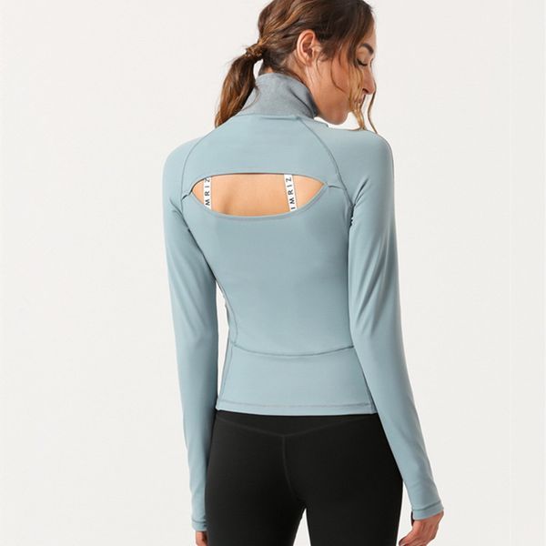

2020 spring new half zipper women yoga shirts high-quality long sleeve dry fast sports t shirt back hollow running t shirt, White;red