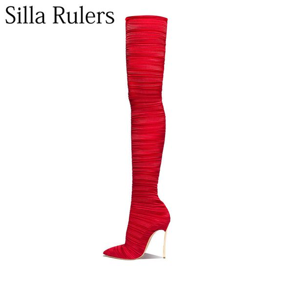 

silla rulers red stretch fabric over the knee boots women pointed toe super high heels ladies long boots party women, Black