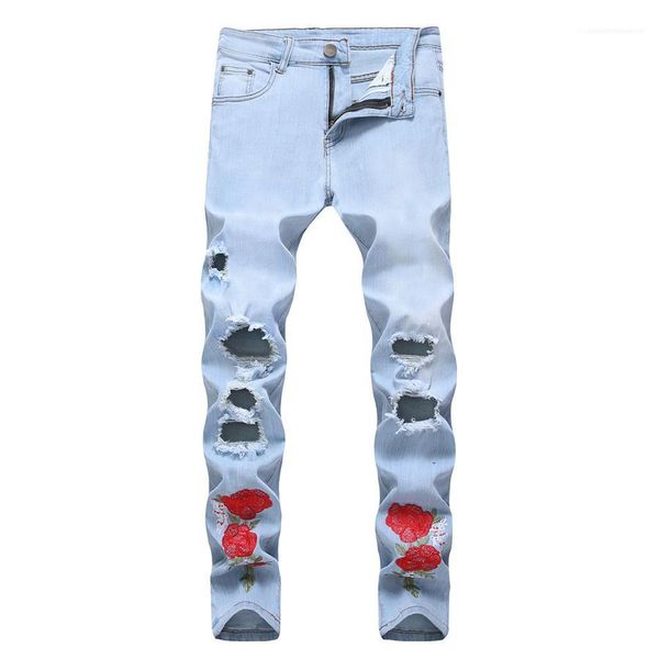 

jeans embroidery skinny straight man jeans casual long mid waist button fly male denim pants holes designer mens, Blue