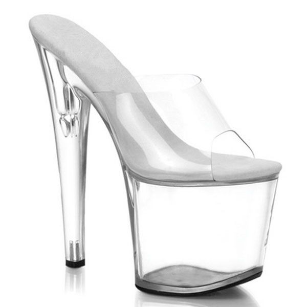 

rncksi 20cm high-heeled shoes model walked the catwalk thin heels, crystal clear platform sandals, oversize shoes, Black