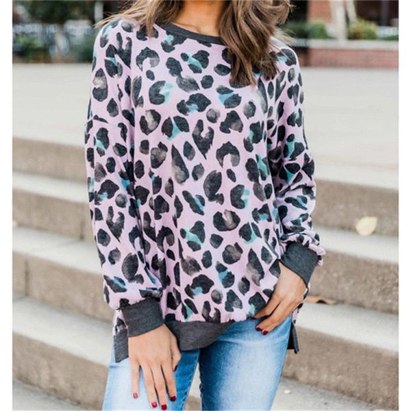 

womens sweatshirts long sleeve o neck fashion contrast color loose hoodies woman designer leopard clothings, Black