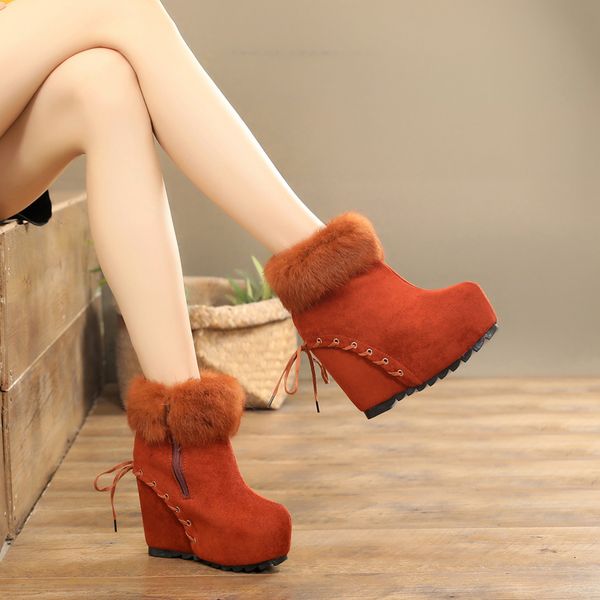 

women natural real fur snow boots fashion boots for women genuine cow leather winter ankle 12cm, Black