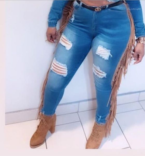 

skinny women denim jeans buttons zipper women pencil pants fashion ripped women jeans street style mid waist tassel, Blue