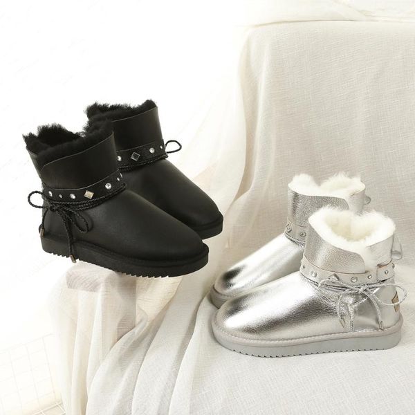 

miyagina 100% genuine sheepskin leather snow boots natural fur waterproof women boots winter shoes for women warm botas mujer, Black