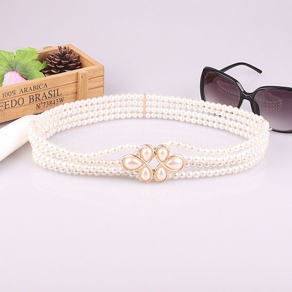 

the new popular fashion pearl studded diamond flower ladies waist chain dress embellished belt py60, Black;brown