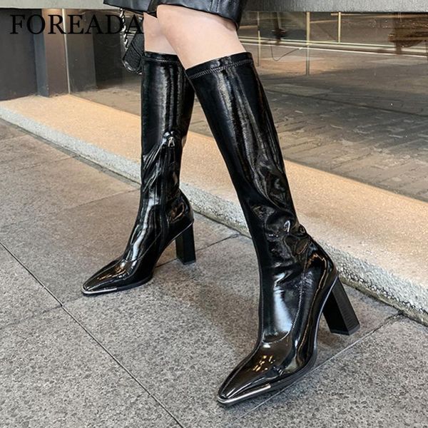 

foreada super high heel knee high boots block heel woman boots metal decoration square toe long zipper ladies shoes black