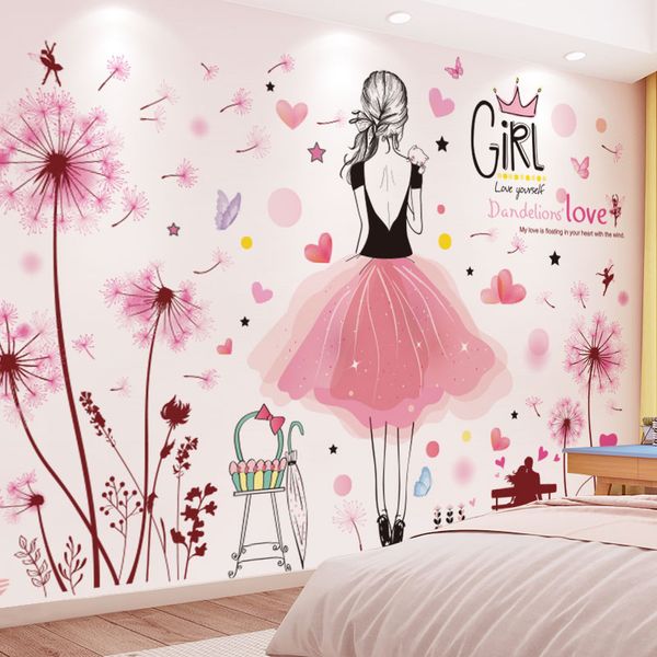 

wall stickers [shijuekongjian] pink dandelions flowers diy caroon girl decals for kids bedroom baby room house decoration