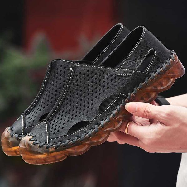 

летний открытый натуральная кожа мужские сандалии большой размер 38-46 hollow шитье черные туфли для мужчин слип-on soft повседневный сандал, Black
