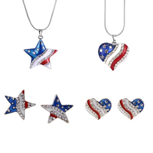 

set of 2pcs independence day america usa flag love heart and star diamante pendant necklace, Silver