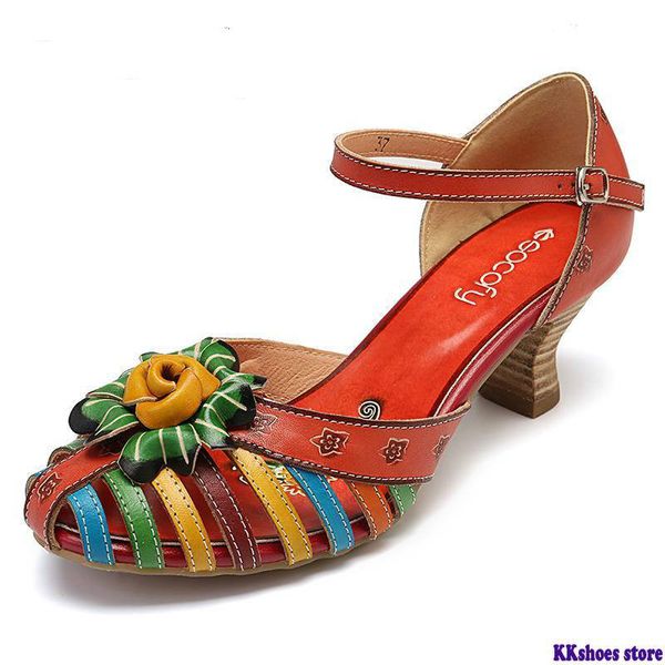

elegant floral colorful genuine leather splicing winebowl heel fisherman sandals elegant high heels summer sandals, Black
