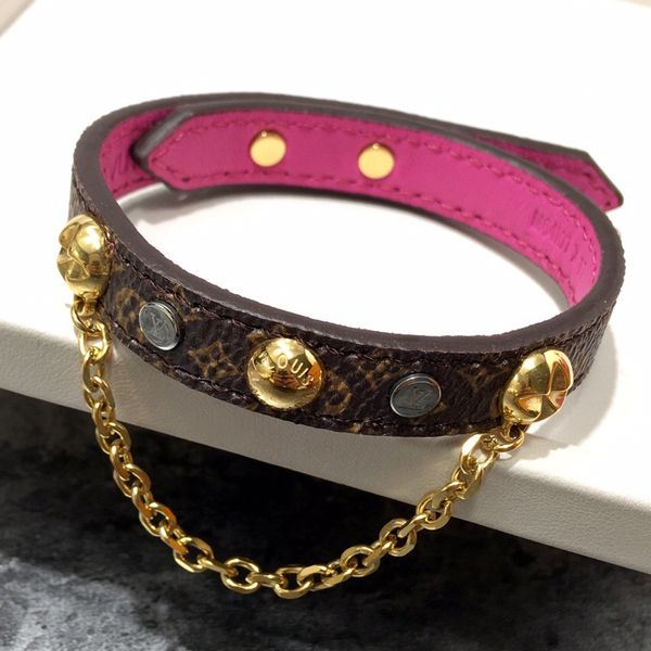 

new fashion genuine leather bracelets hanging gold chain with gold rivtes design for women luxury flower pattern bracelet fashion jewelry, Golden;silver