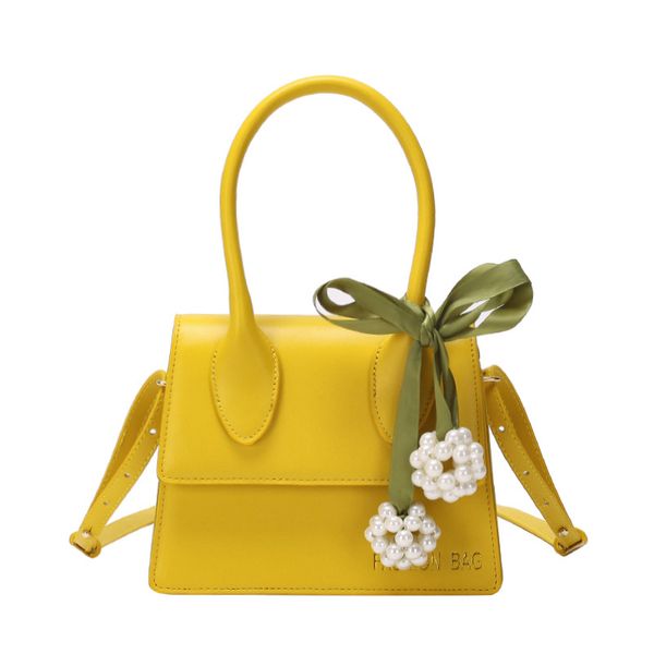

solid yellow leather flap crossbody bag with ribbons pearl decoration handbags ladies sweet clutches evening bags gift for girl