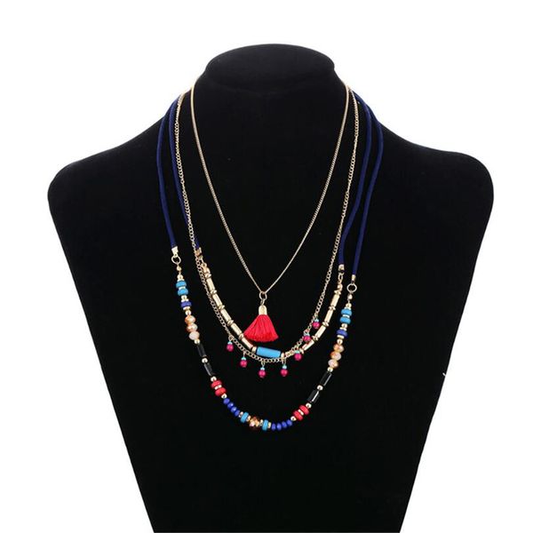 

bohemian multi layers necklace colorful beads tassel ethnic chain fashion jewelry, Silver