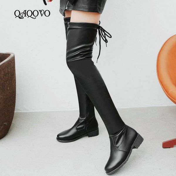 

boots women thigh flock square low heel over the knee stretch zipper autumn winter fashion ladies shoes, Black