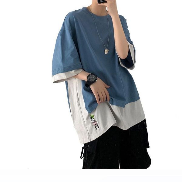 

fake two short-sleeved men tide brand personality fashion leisure wild loose short-sleeve t-shirt summer new sleeve, White;black