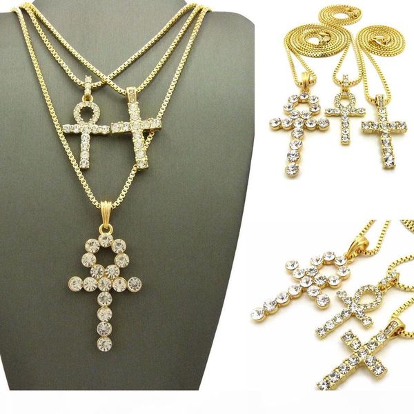 

mens gold iced out egyptian key of life ankh cross,box & rope chain necklace set of 3, Silver