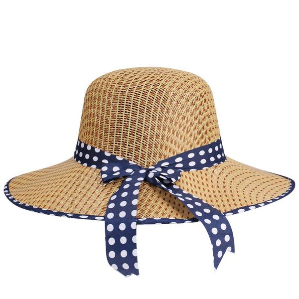 

ladies wide brim straw hat women sun protection beach cap casual foldable summer dot ribbon visor, Blue;gray
