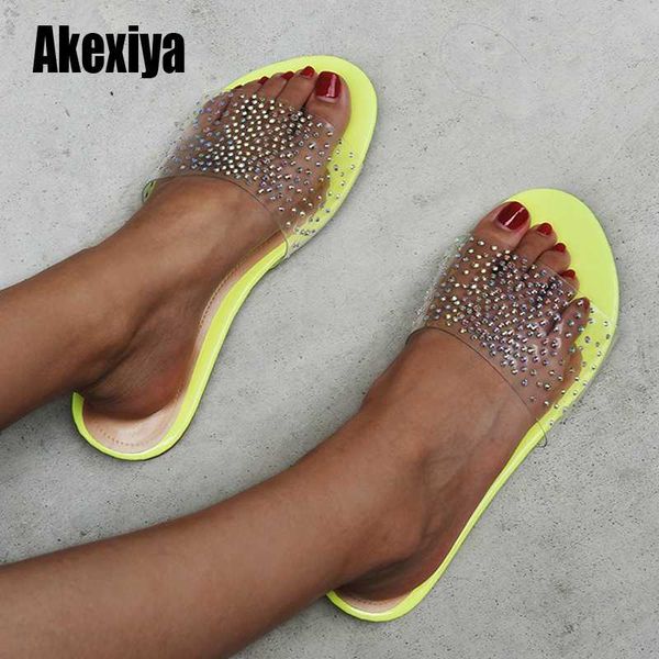 

2020 summer women's flat slippers sandals rhinestones candy-colored fashion beach woman slippers large size 43 u250, Black