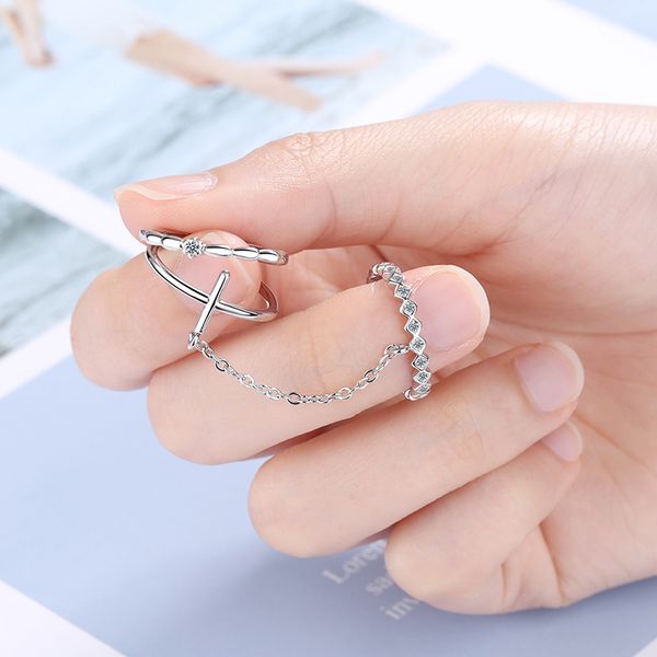 

3 pcs/set elegant rose gold silver color rings for women micro paved crystal cz cross chain adjustable rings set wedding01