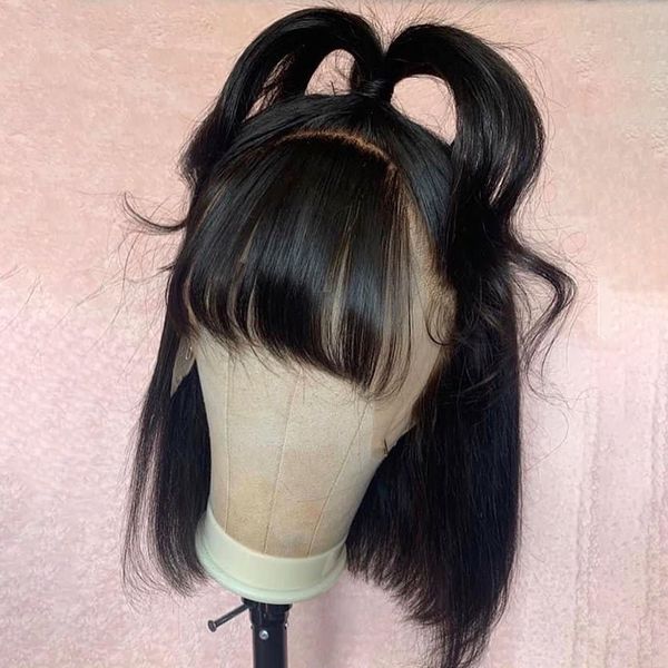 

4x4 short bob wig lace front human hair wigs remy brazilian hair 2x6 lace closure wig fringe wig with bangs 150% density, Black;brown