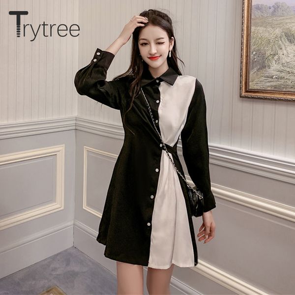 

trytree autumn women casual women dress 2 colour turn-down collar single breasted patchwork mini loose office lady shirt dress, Black;gray