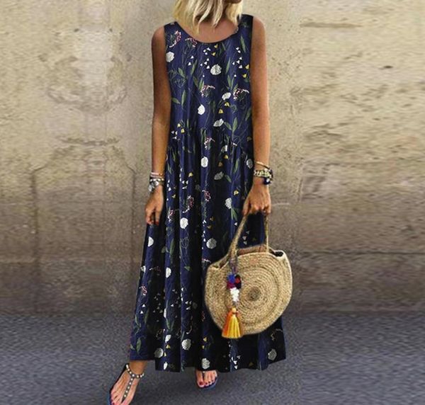 

summer women plus size bohemian 2019 o-neck floral print vintage sleeveless long maxi dress ladies dresses casual003, Black;gray