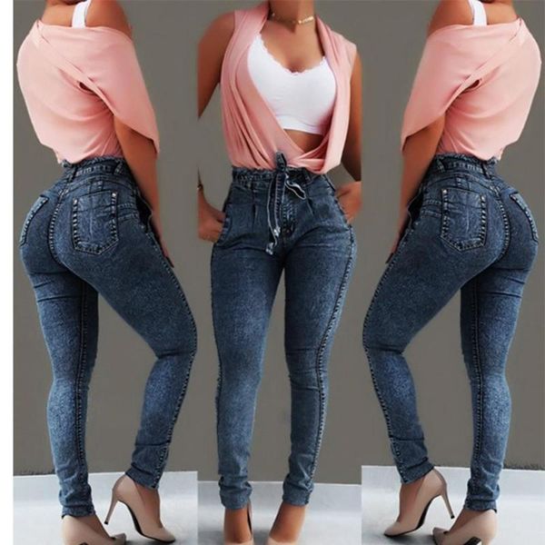 

women's jeans high waist women streetwear bandage denim plus size femme pencil pants skinny woman small feet slim fit, Blue