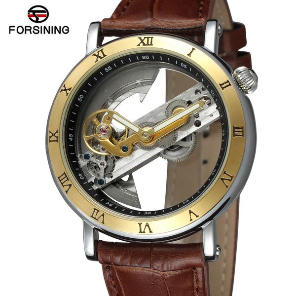 

forsining mechanical wrist watch fashion double-sided hollow mens table tourbillon analog watch word, Slivery;brown