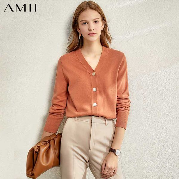 

amii minimalism women autumn winter solid knitted sweater fashion causal vneck full sleeve loose female cardigan 12030003, White