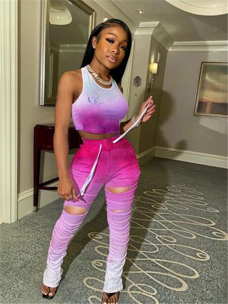 

gradient color two piece pants fashion ripped crop tanks two piece sets womens slim ruched two piece outfits, White