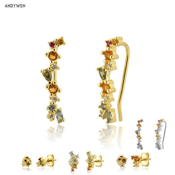 

andywen 100% 925 sterling silver gold 18mm climber stud earring fine thread ear pin luxury crystal cz zircon piercingjewelry, Golden;silver