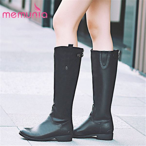 

memunia 2020 new arrival women knee high boots zip round toe solid colors riding boots autumn winter low heels shoes woman, Black