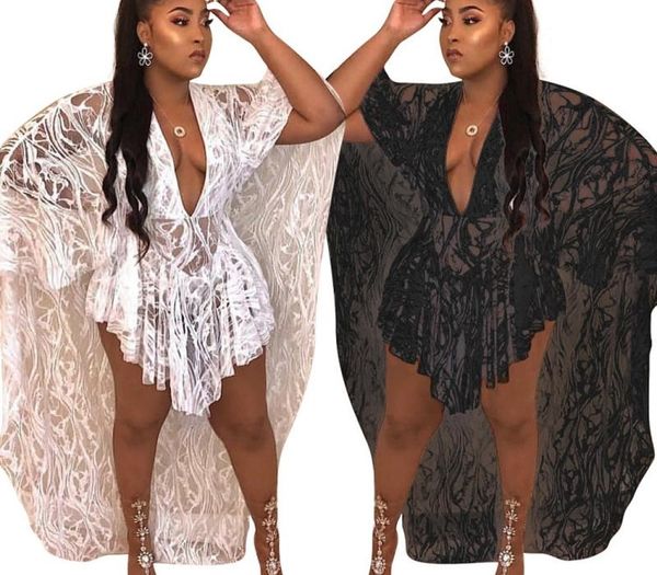 

fashion plus size summer cape dress casual lace dresses women clothing deep v neck black white cloak dresses, Black;gray