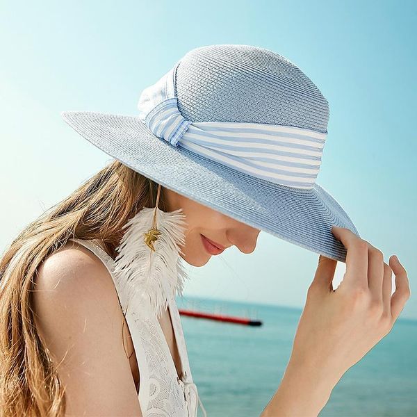 

sedancasesa brand 2020 fashion sun hats for women ladies vacation summer beach straw hat large brim bow hats, Blue;gray