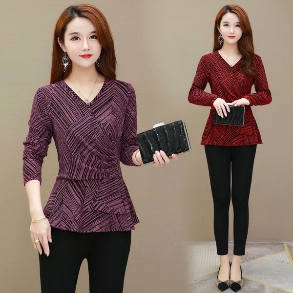 

coigarsam 4xl plus size fashion full sleeve blouse women new lurex v-neck blusas womens and blouses wine red purple pink, White